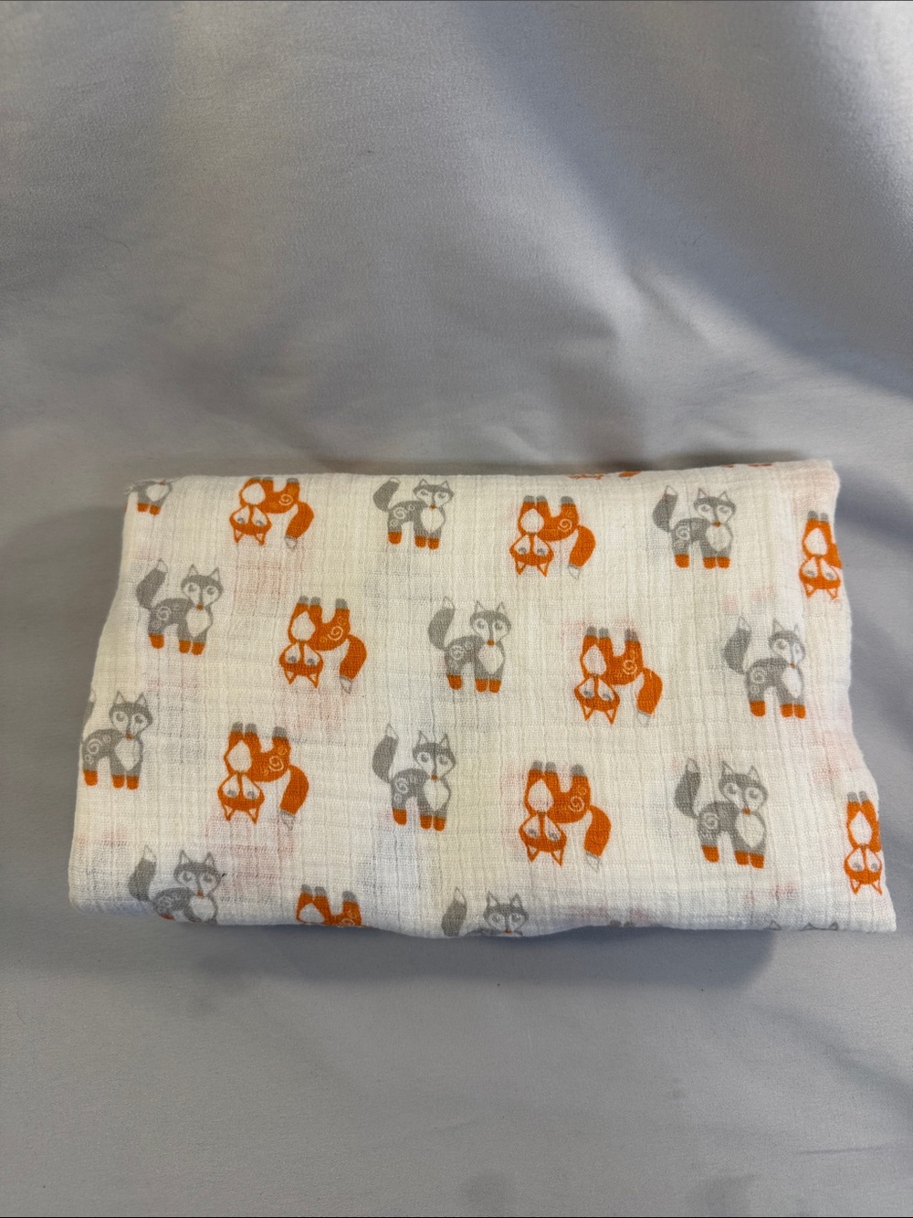 aden + anais White Muslin blanket with Orange & Gray Foxes
